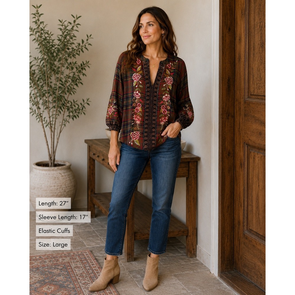 Johnny Was Flannel Velvet Embroidered Plaid Floral Blouse Top Brown Large